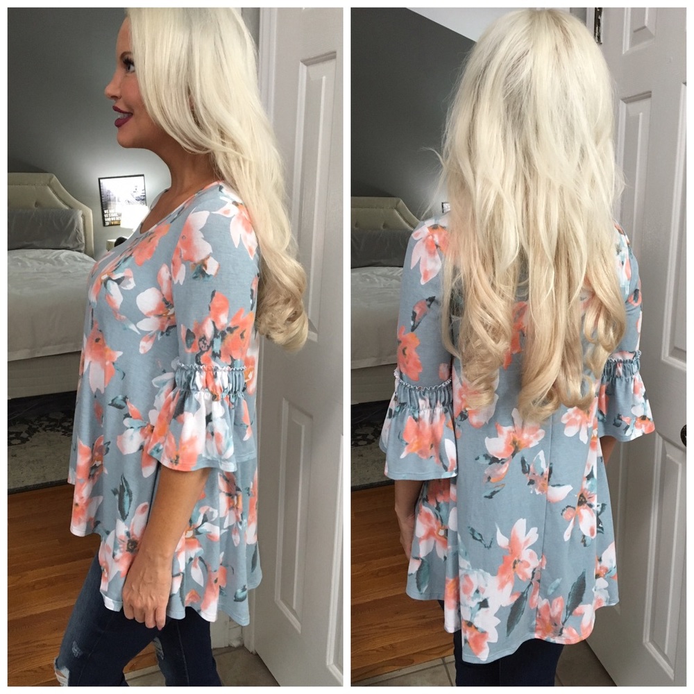 ❤️ LAST 1! Light Blue 3 qtr Sleeve Floral Top. - Picture 3 of 4
